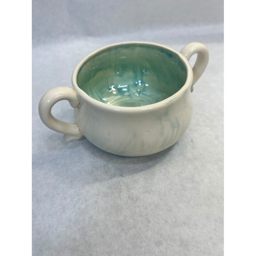 Handmade Studio Pottery Double Handle Soup Bowl Cream Seafoam Green Glaze